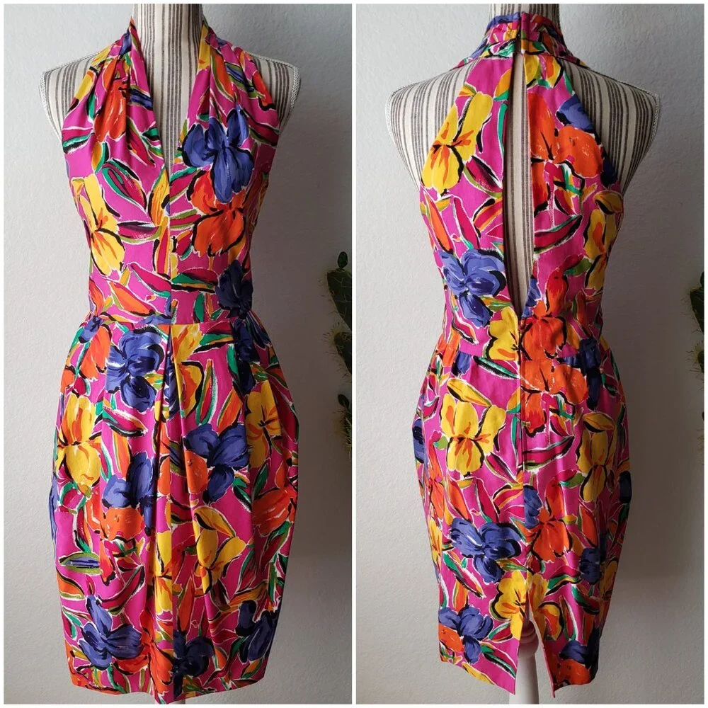 Vintage Tulip Dress Colorful Abstract Floral Print Halter Knee Length Belt sz 8 - Picture 3 of 16